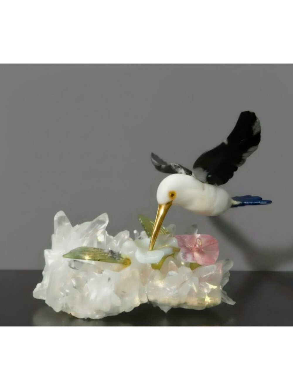 Hand-Carved Gemstone Hummingbird Sculpture On Quartz Crystal Base